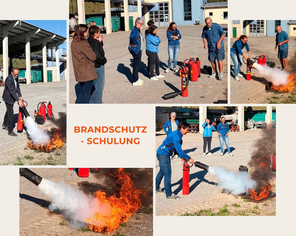 Collage mit 5 Fotos von der Brandschutz-Schulung unter dem Motto: Im Ernstfall zählt jeder Handgriff!